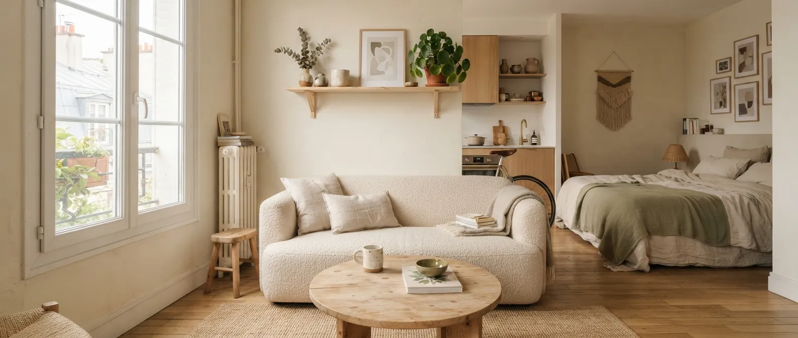 Séjour d'un studio de 25 m² : canapé bas écru, table basse ronde en bois, grande fenêtre