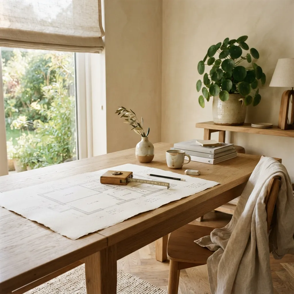 Plan de sol dessiné à la main, mètre ruban en bois et crayon posés sur une table claire