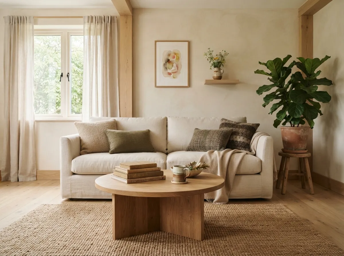 Table basse ronde en bois devant un canapé écru, tapis en jute, pile de livres